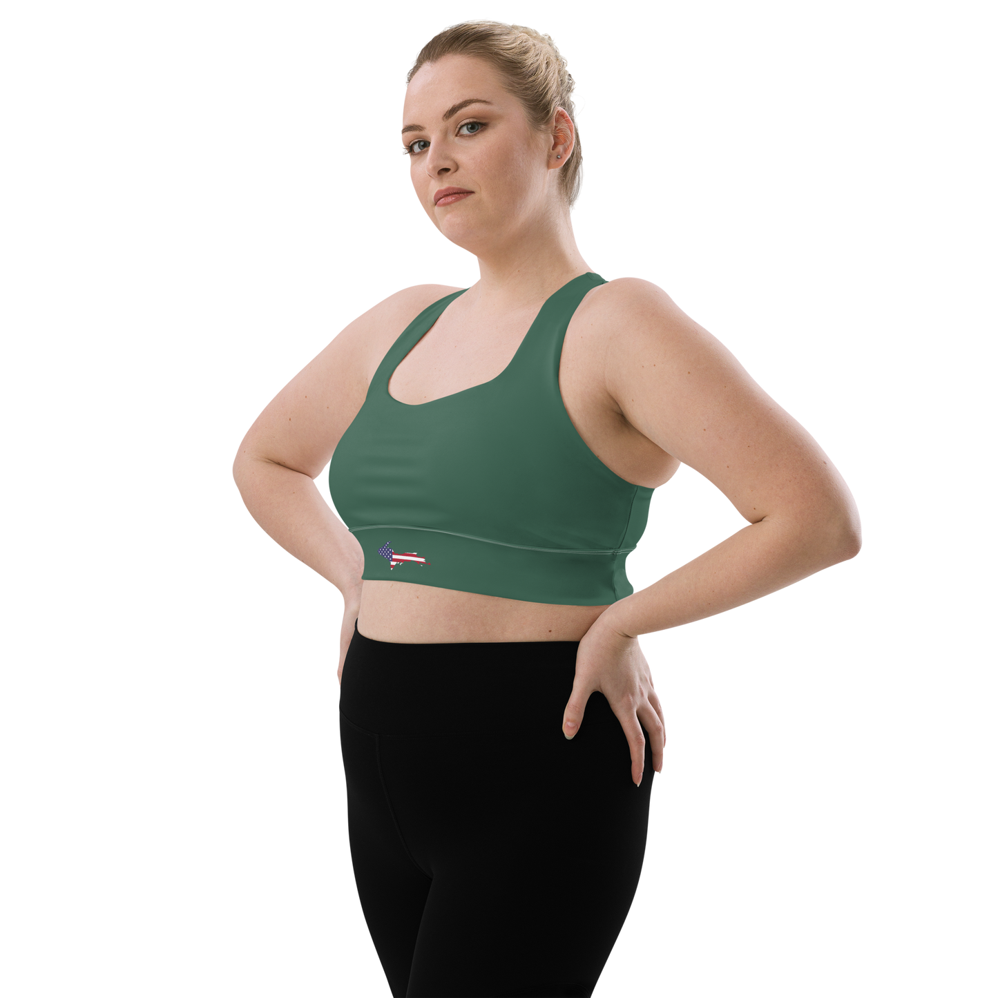 Michigan Upper Peninsula Longline Sports Bra (w/ UP USA Flag) | Ginger Ale Green