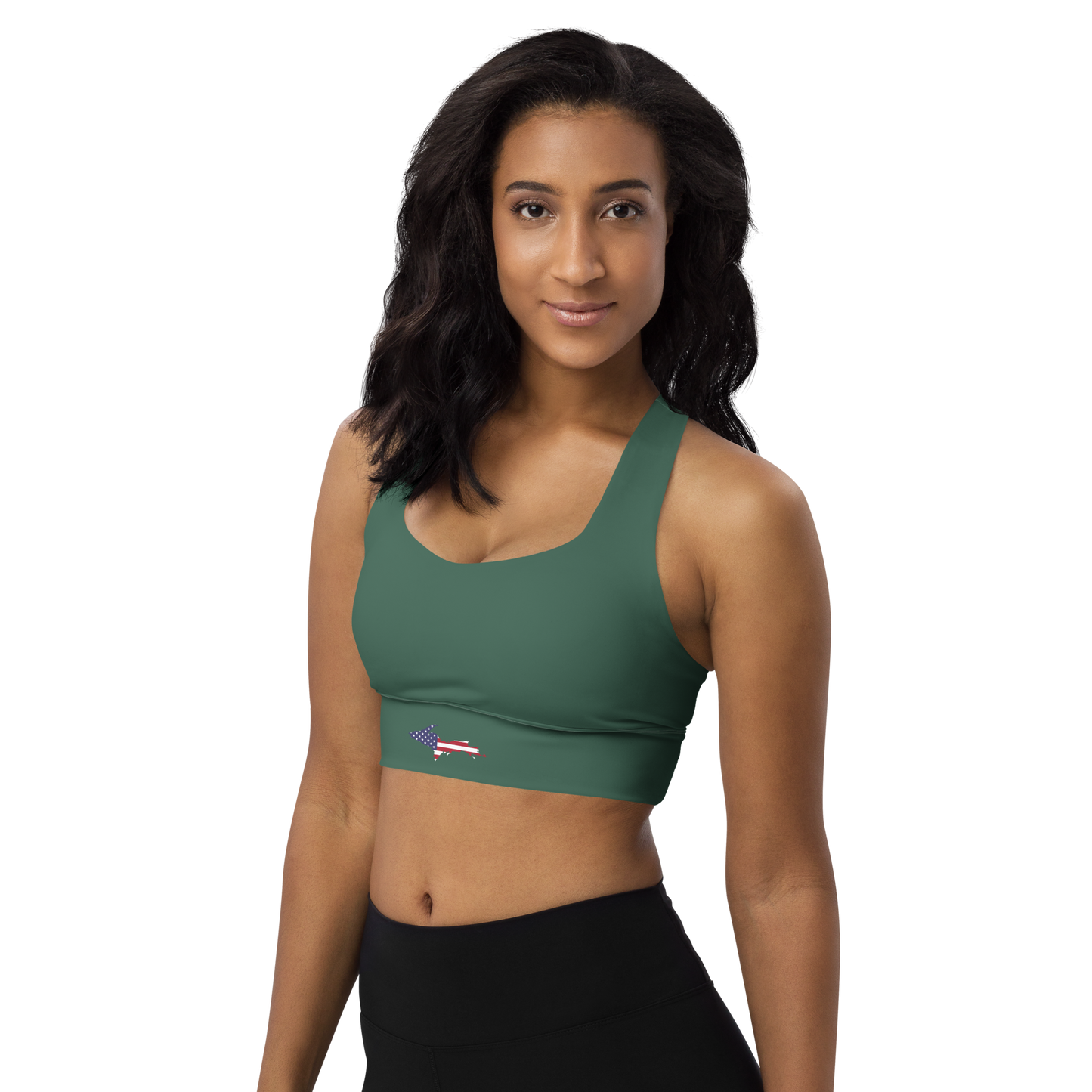 Michigan Upper Peninsula Longline Sports Bra (w/ UP USA Flag) | Ginger Ale Green