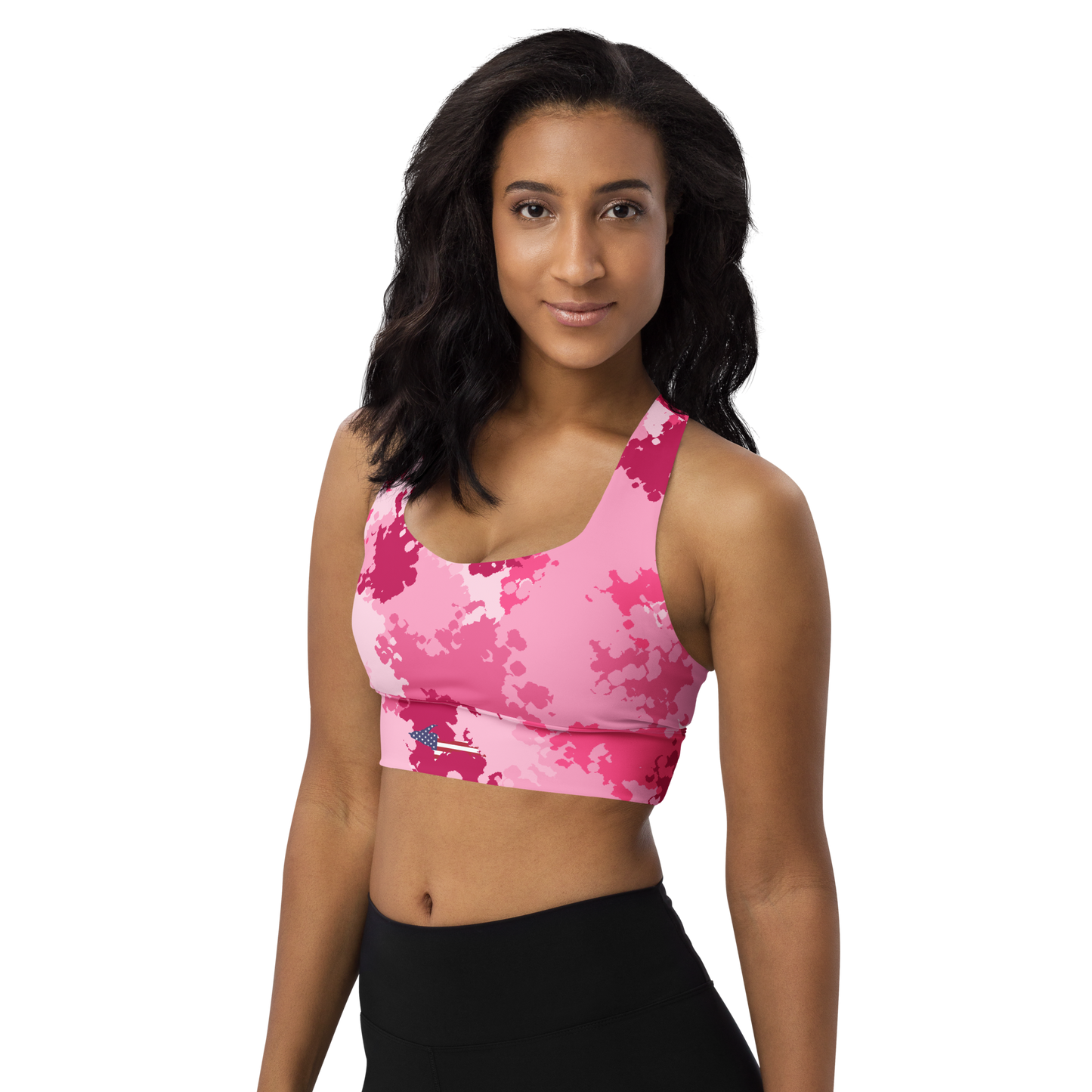 Michigan Upper Peninsula Longline Sports Bra (w/ UP USA Flag) | Pink Camo