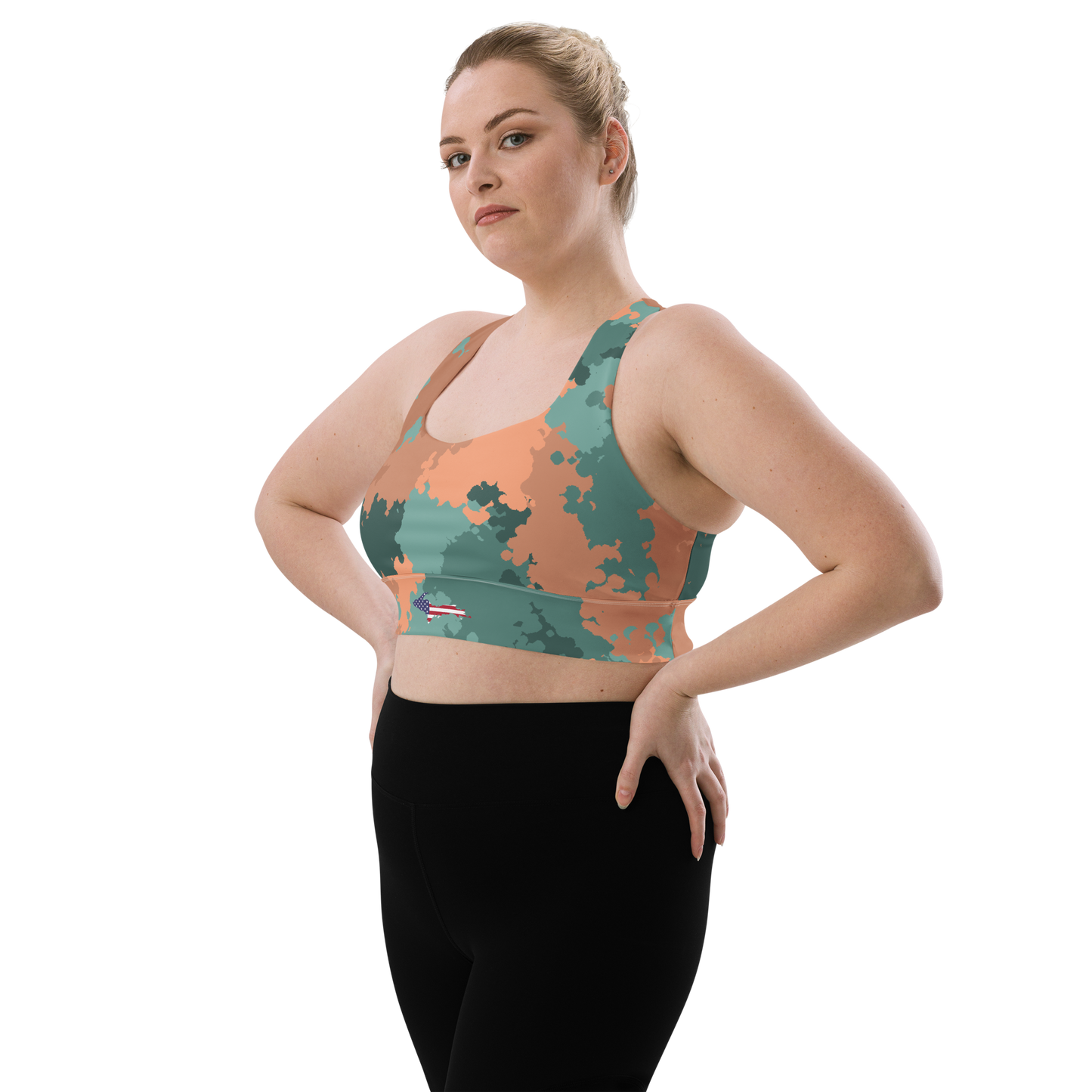 Michigan Upper Peninsula Longline Sports Bra (w/ UP USA Flag) | Copper Green