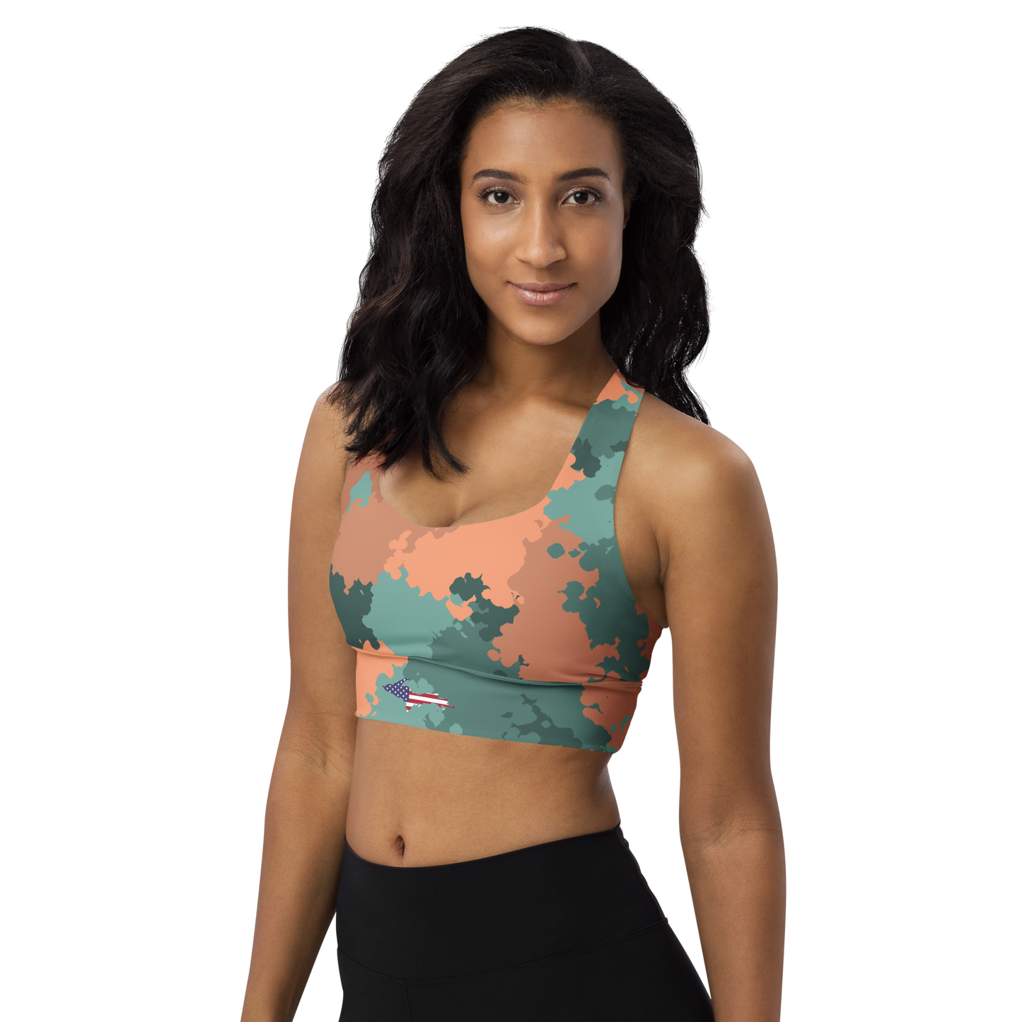 Michigan Upper Peninsula Longline Sports Bra (w/ UP USA Flag) | Copper Green