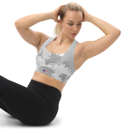 Michigan Upper Peninsula Longline Sports Bra (w/ UP USA Flag) | Snow Camo