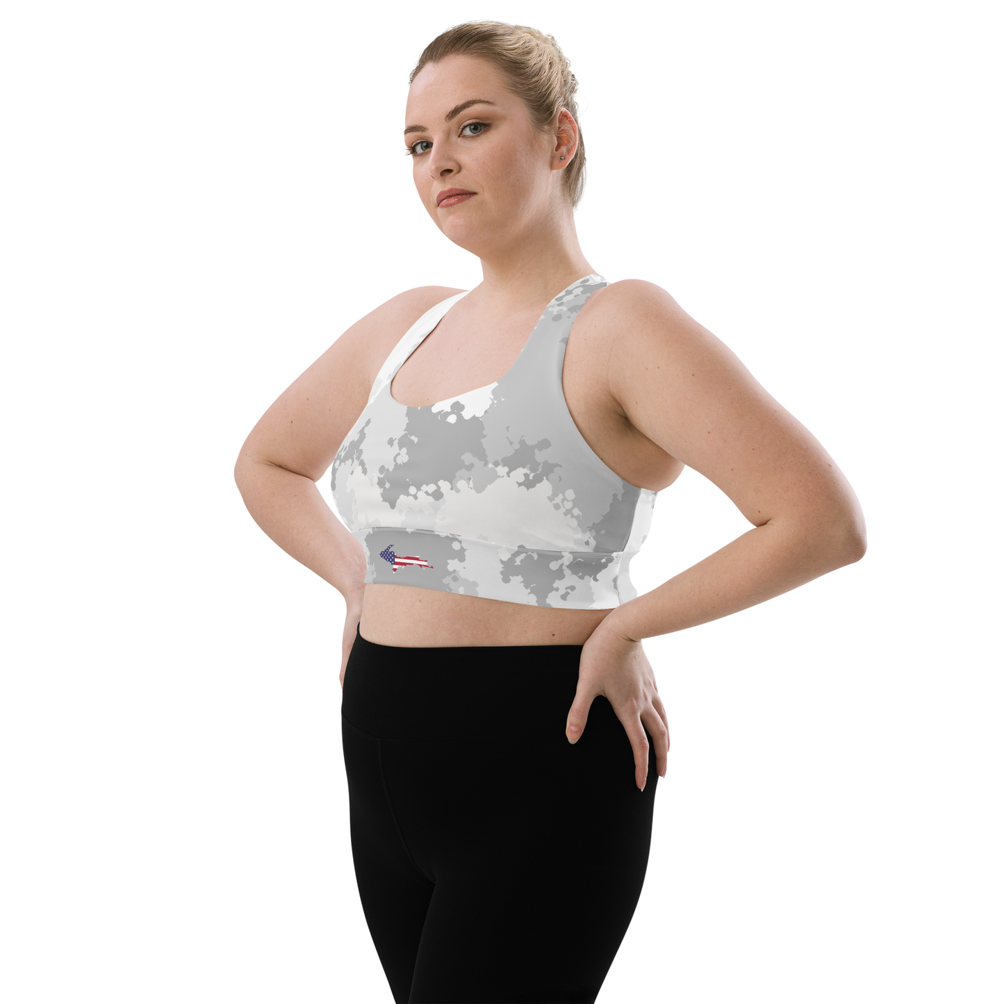 Michigan Upper Peninsula Longline Sports Bra (w/ UP USA Flag) | Snow Camo