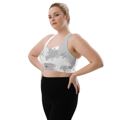 Michigan Upper Peninsula Longline Sports Bra (w/ UP USA Flag) | Snow Camo