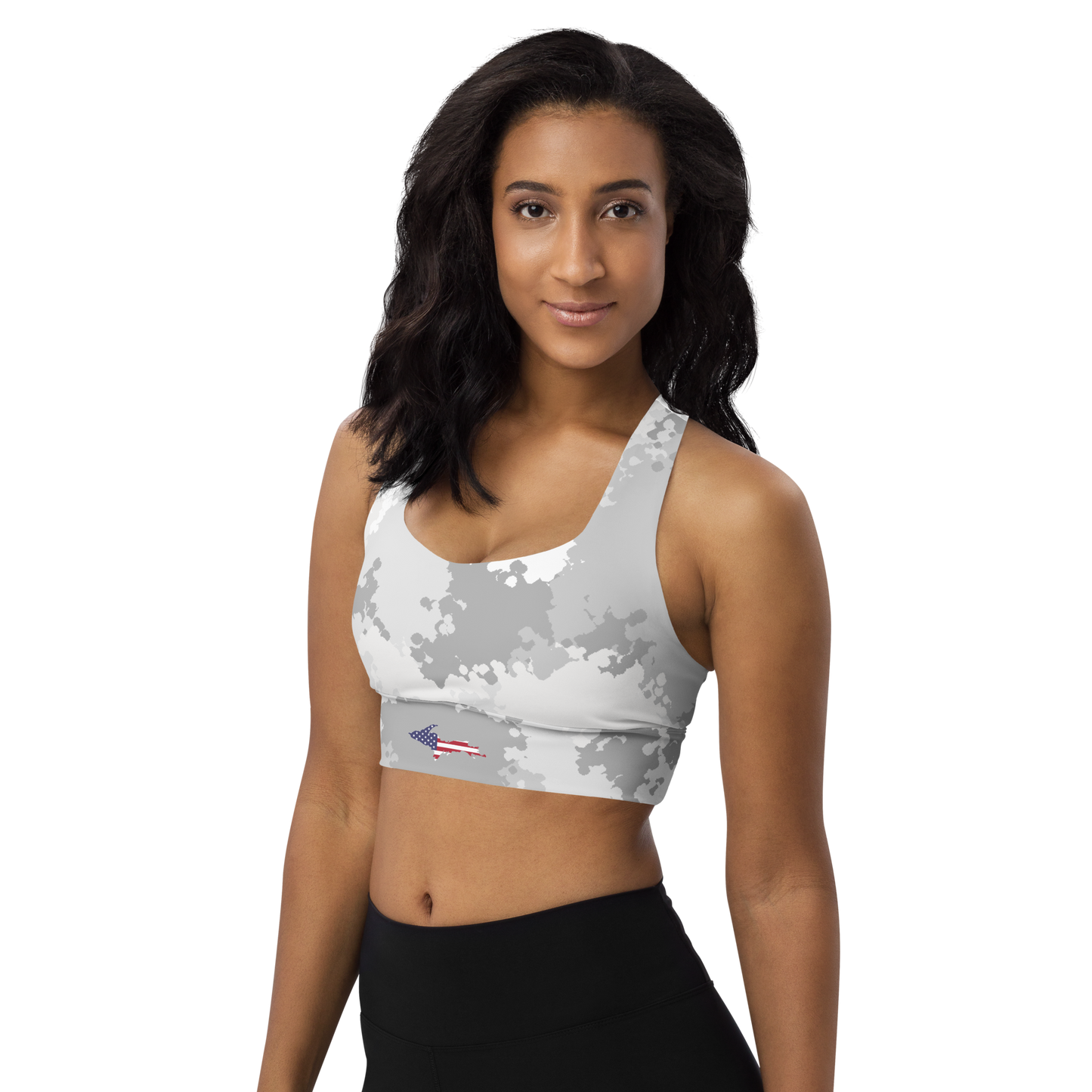 Michigan Upper Peninsula Longline Sports Bra (w/ UP USA Flag) | Snow Camo