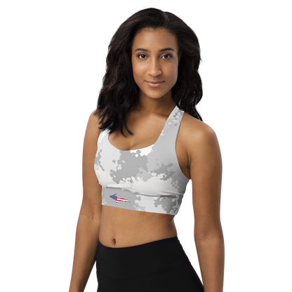 Michigan Upper Peninsula Longline Sports Bra (w/ UP USA Flag) | Snow Camo