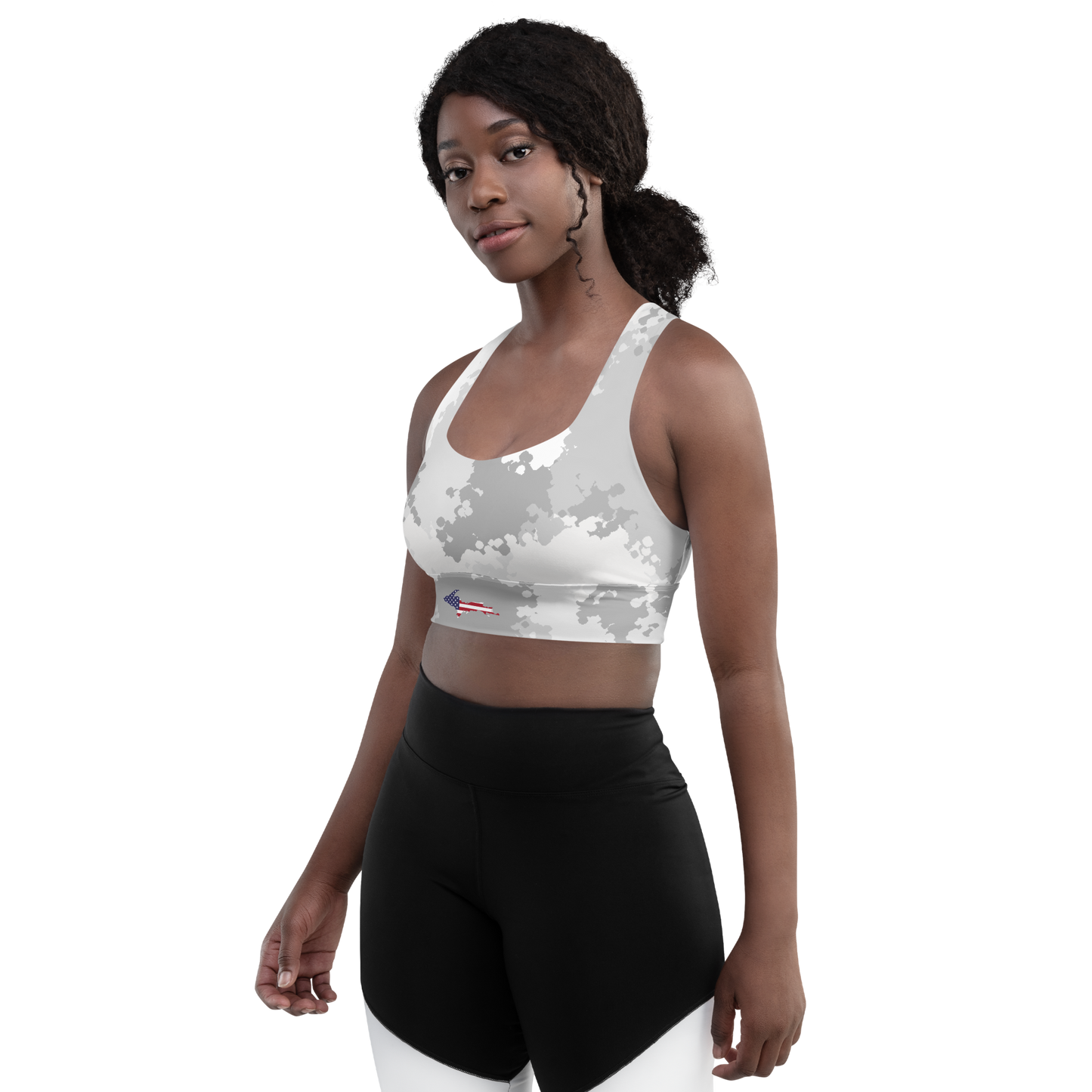 Michigan Upper Peninsula Longline Sports Bra (w/ UP USA Flag) | Snow Camo