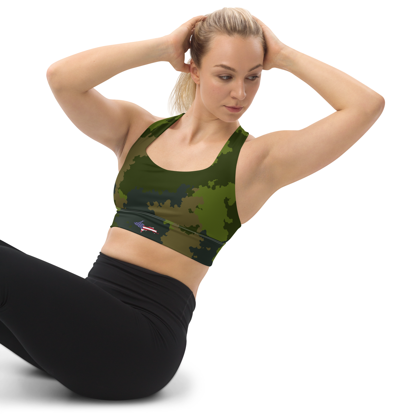 Michigan Upper Peninsula Longline Sports Bra (w/ UP USA Flag) | Camouflage Green