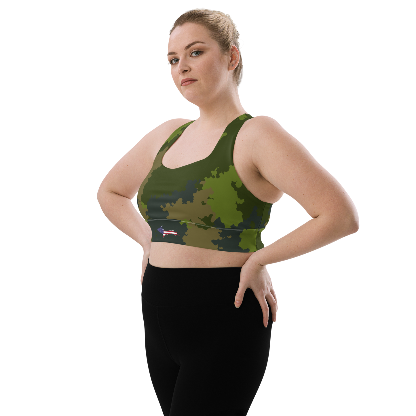 Michigan Upper Peninsula Longline Sports Bra (w/ UP USA Flag) | Camouflage Green