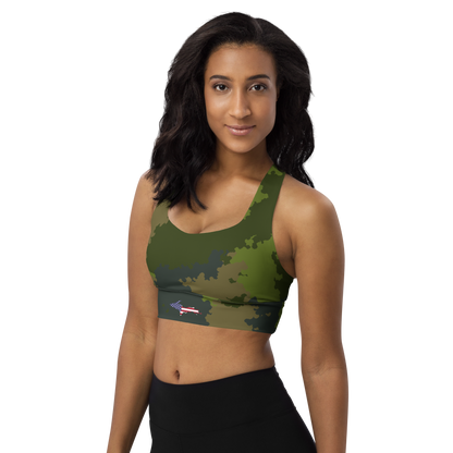 Michigan Upper Peninsula Longline Sports Bra (w/ UP USA Flag) | Camouflage Green