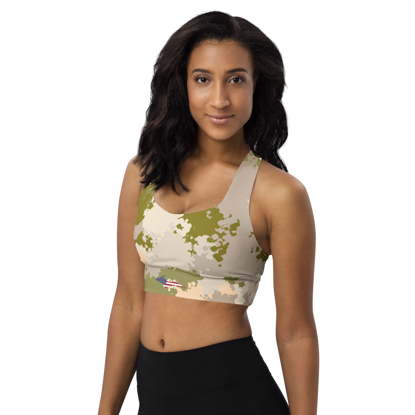 Michigan Upper Peninsula Longline Sports Bra (w/ UP USA Flag) | Rosy Mound Camo