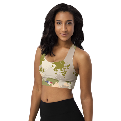 Michigan Upper Peninsula Longline Sports Bra (w/ UP USA Flag) | Rosy Mound Camo