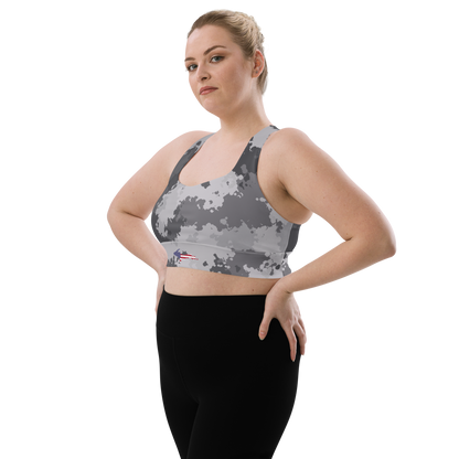 Michigan Upper Peninsula Longline Sports Bra (w/ UP USA Flag) | Iron Ore Camo