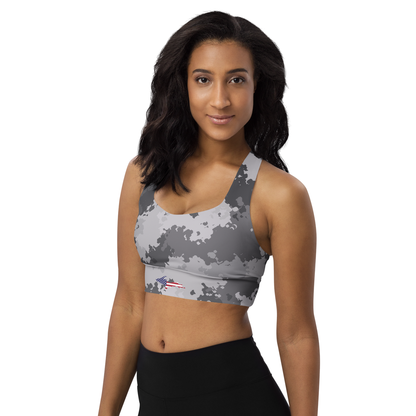 Michigan Upper Peninsula Longline Sports Bra (w/ UP USA Flag) | Iron Ore Camo