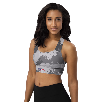 Michigan Upper Peninsula Longline Sports Bra (w/ UP USA Flag) | Iron Ore Camo