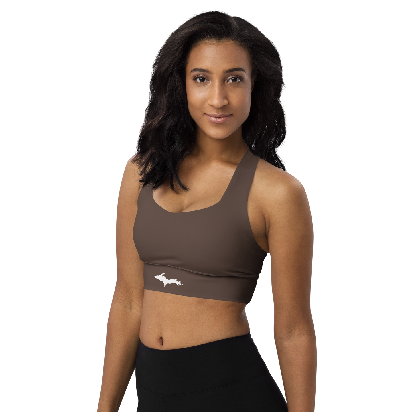 Michigan Upper Peninsula Longline Sports Bra (w/ UP Outline) | Hickory Color