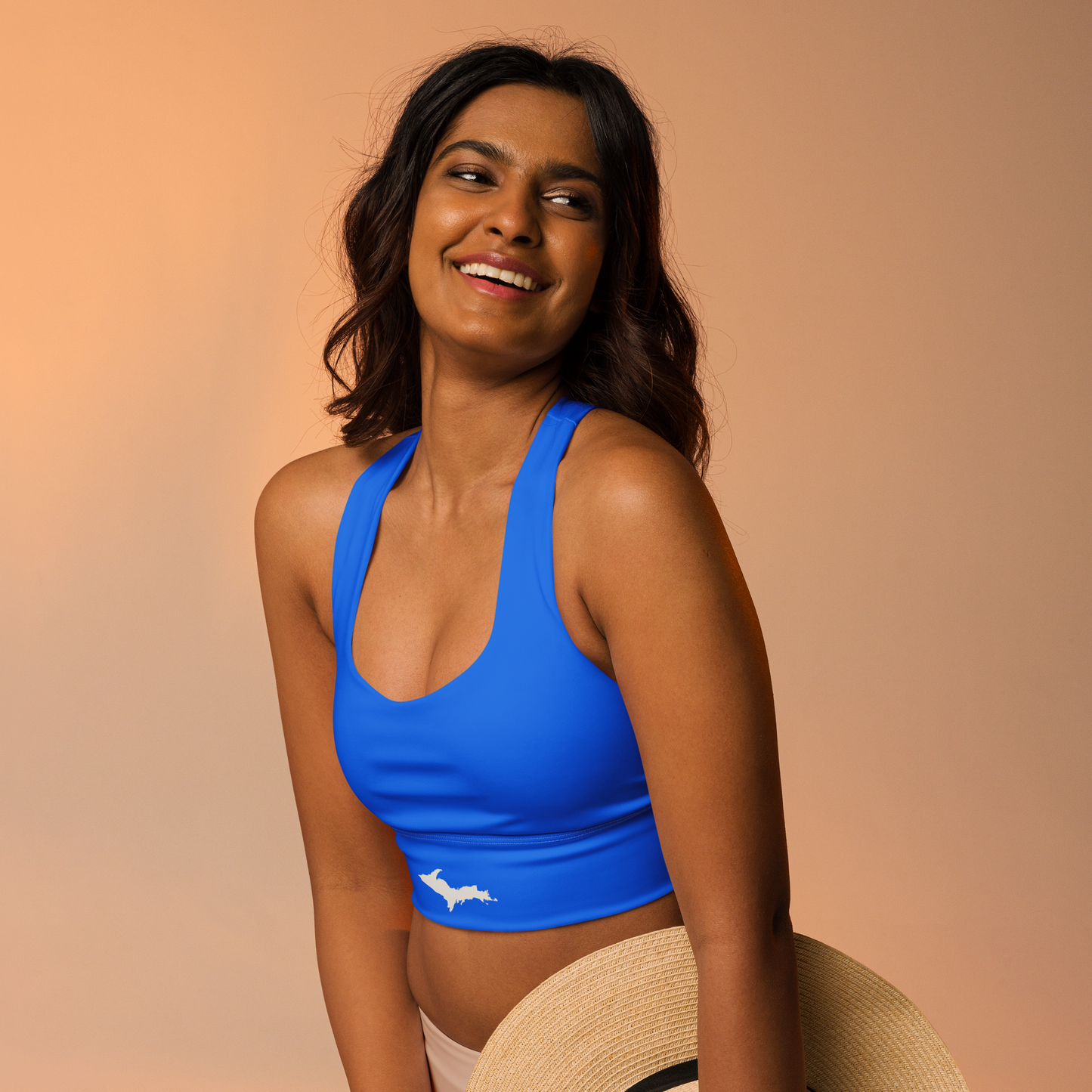 Michigan Upper Peninsula Longline Sports Bra (w/ UP Outline) | Motor Town Blue