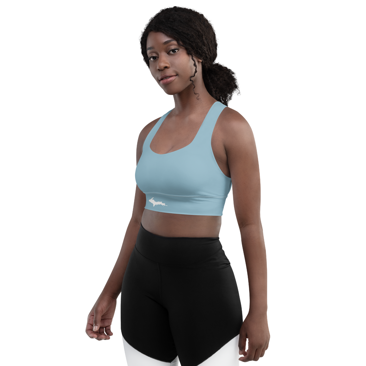 Michigan Upper Peninsula Longline Sports Bra (w/ UP Outline) | Opal Blue