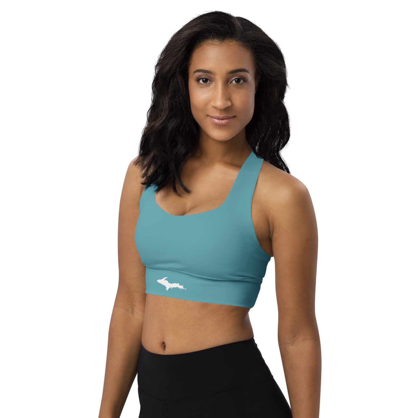 Michigan Upper Peninsula Longline Sports Bra (w/ UP Outline) | Lake Huron Blue