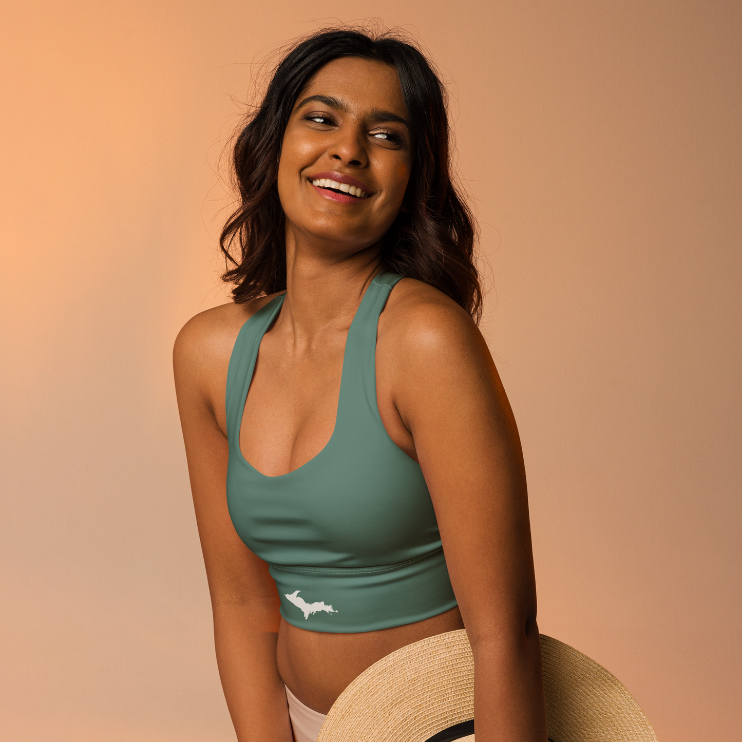 Michigan Upper Peninsula Longline Sports Bra (w/ UP Outline) | Copper Green