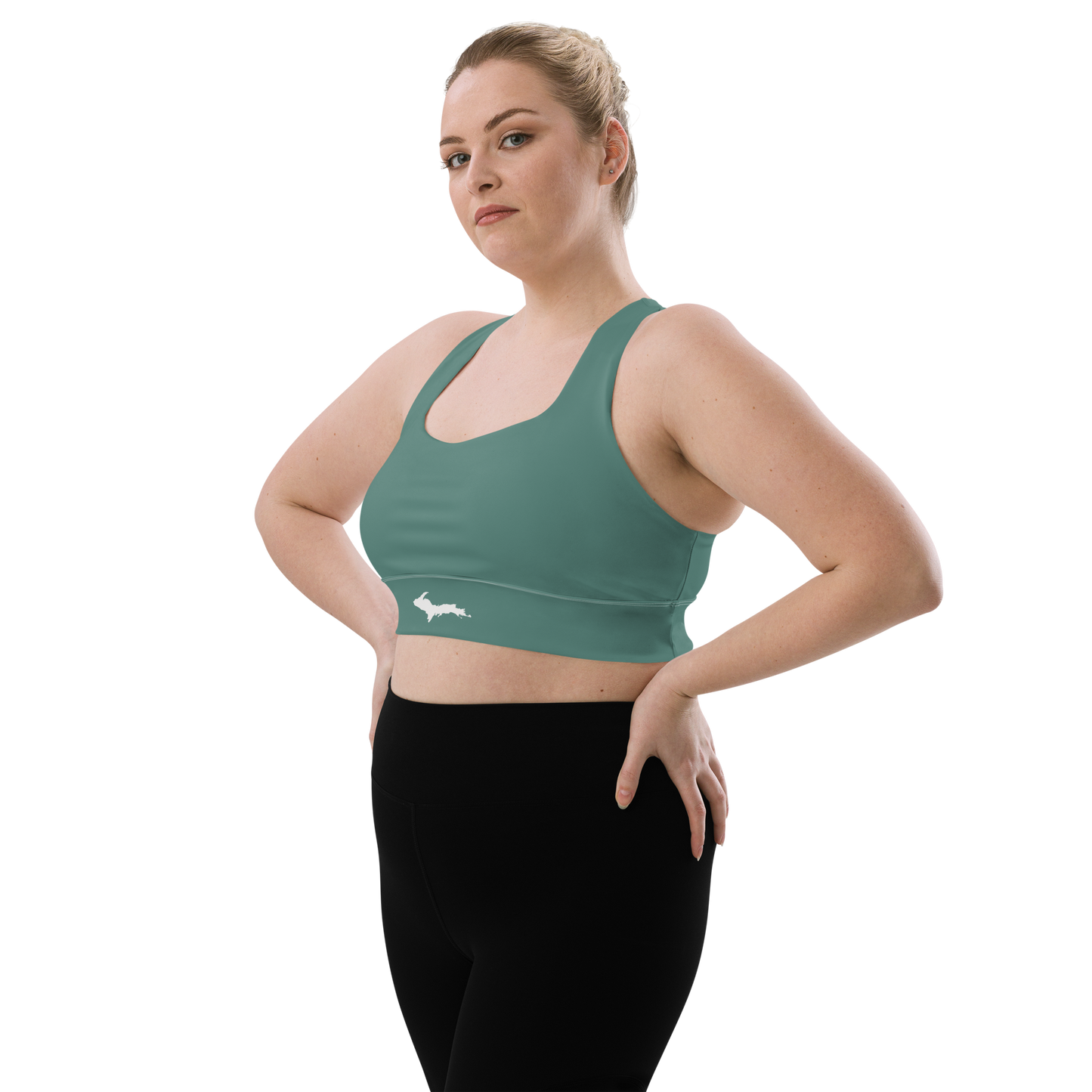 Michigan Upper Peninsula Longline Sports Bra (w/ UP Outline) | Copper Green