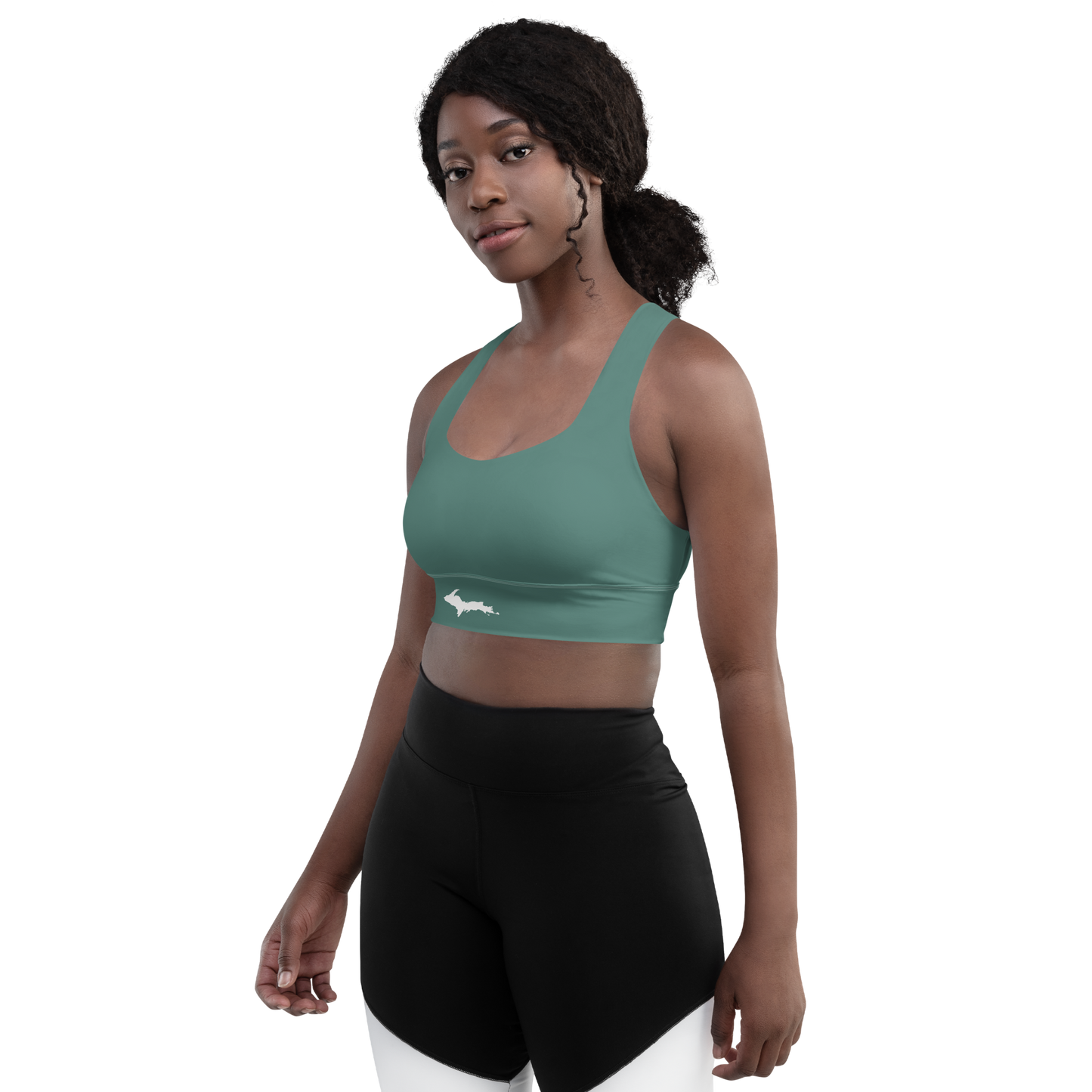 Michigan Upper Peninsula Longline Sports Bra (w/ UP Outline) | Copper Green