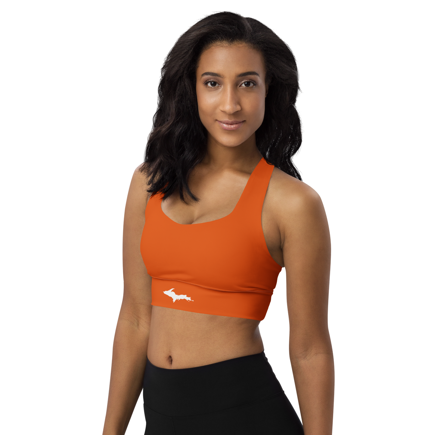 Michigan Upper Peninsula Longline Sports Bra (w/ UP Outline) | Maple Leaf Orange