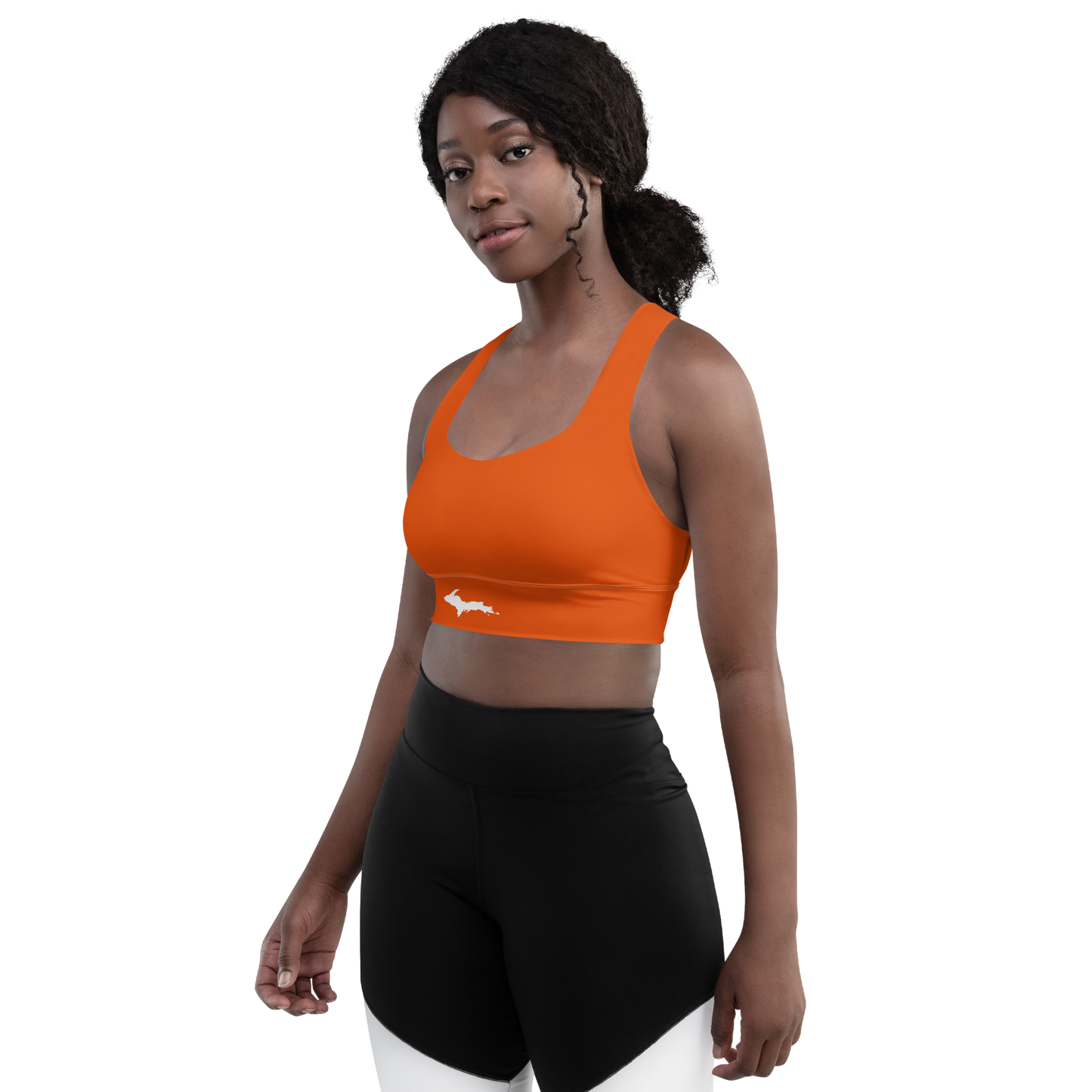 Michigan Upper Peninsula Longline Sports Bra (w/ UP Outline) | Maple Leaf Orange