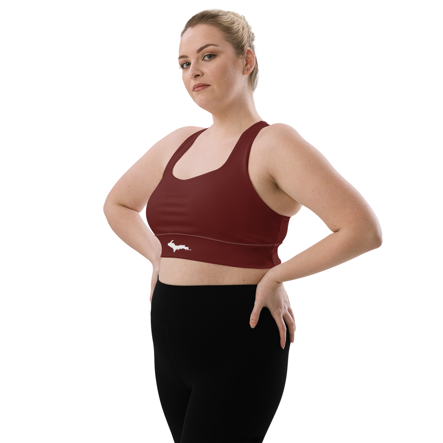 Michigan Upper Peninsula Longline Sports Bra (w/ UP Outline) | Cherrywood Color