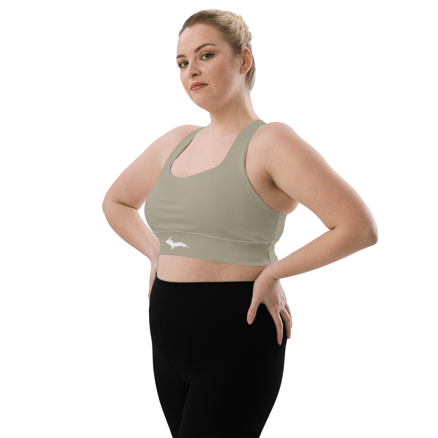 Michigan Upper Peninsula Longline Sports Bra (w/ UP Outline) | Petoskey Stone Beige