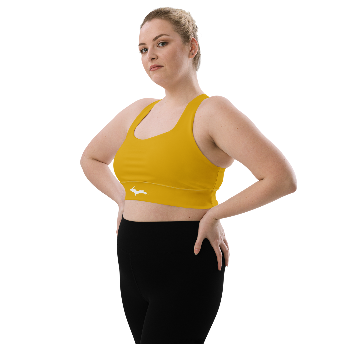 Michigan Upper Peninsula Longline Sports Bra (w/ UP Outline) | Gold