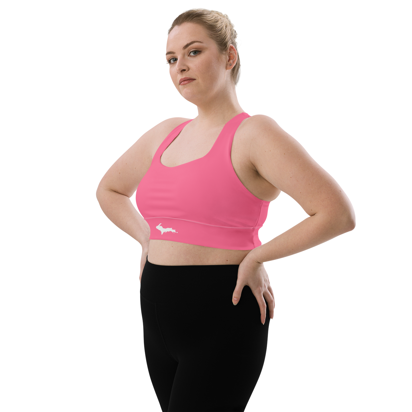 Michigan Upper Peninsula Longline Sports Bra (w/ UP Outline) | Rhodochrosite Pink