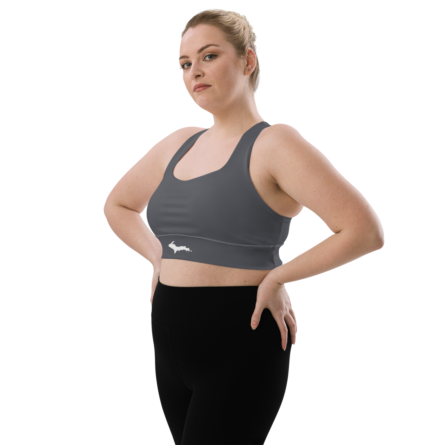 Michigan Upper Peninsula Longline Sports Bra (w/ UP Outline) | Iron Ore Grey