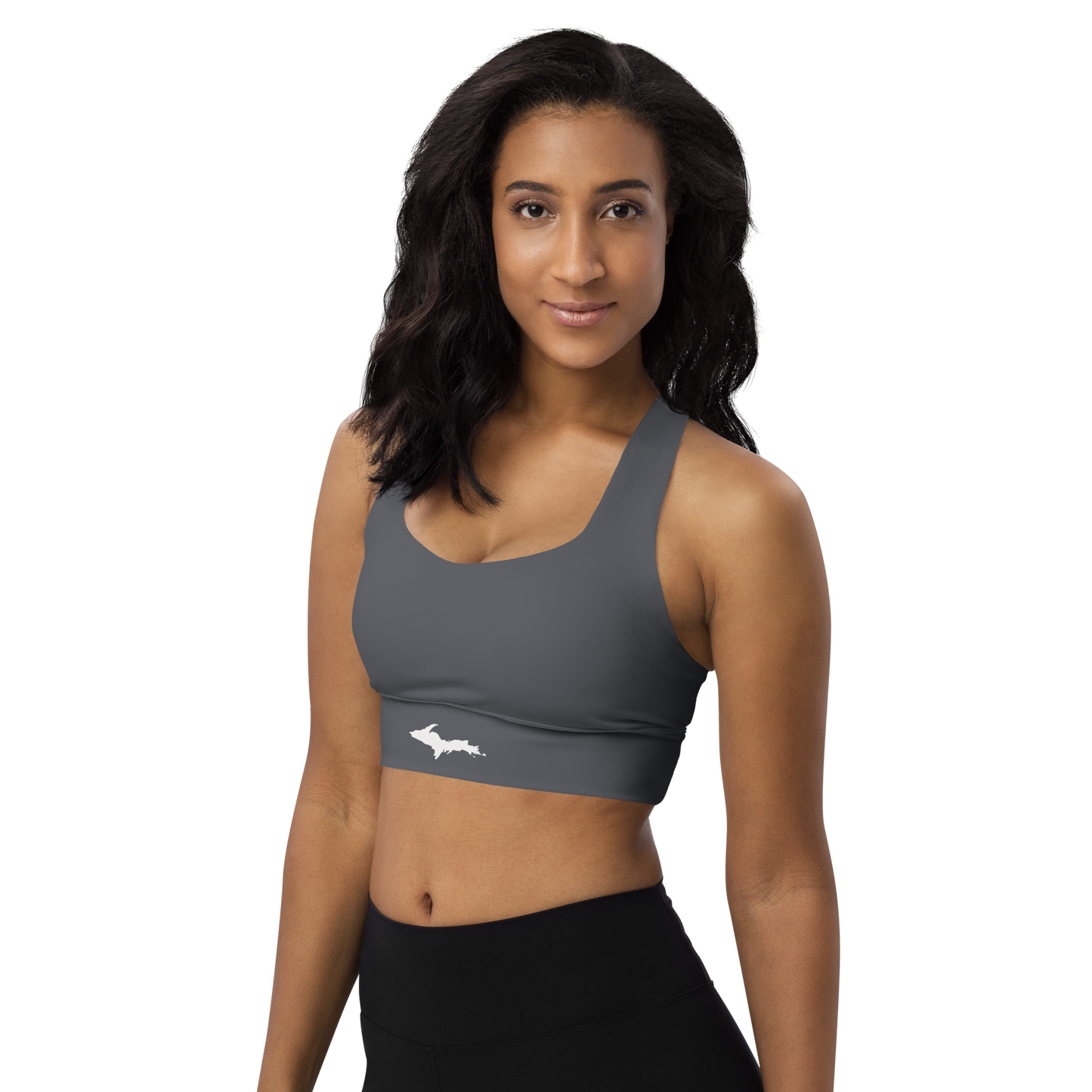 Michigan Upper Peninsula Longline Sports Bra (w/ UP Outline) | Iron Ore Grey