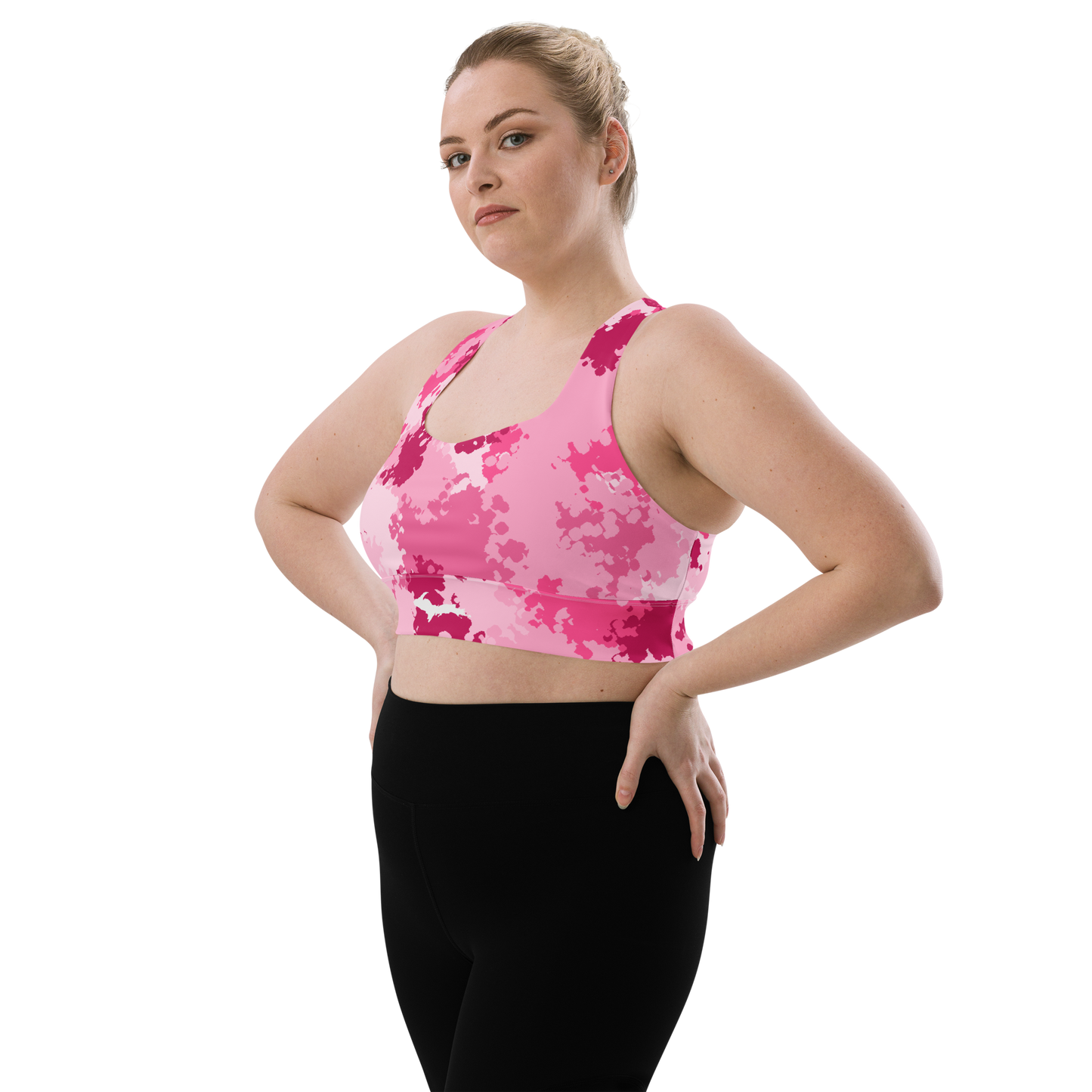 Michigan Upper Peninsula Longline Sports Bra (w/ UP Outline) | Pink Camo