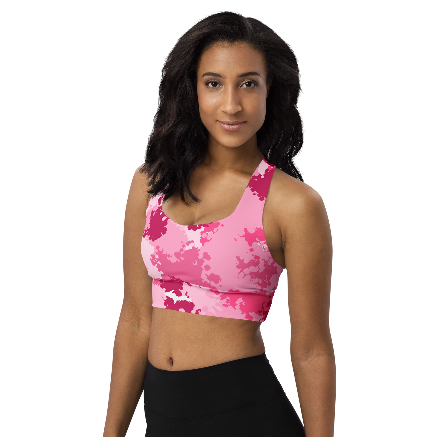 Michigan Upper Peninsula Longline Sports Bra (w/ UP Outline) | Pink Camo