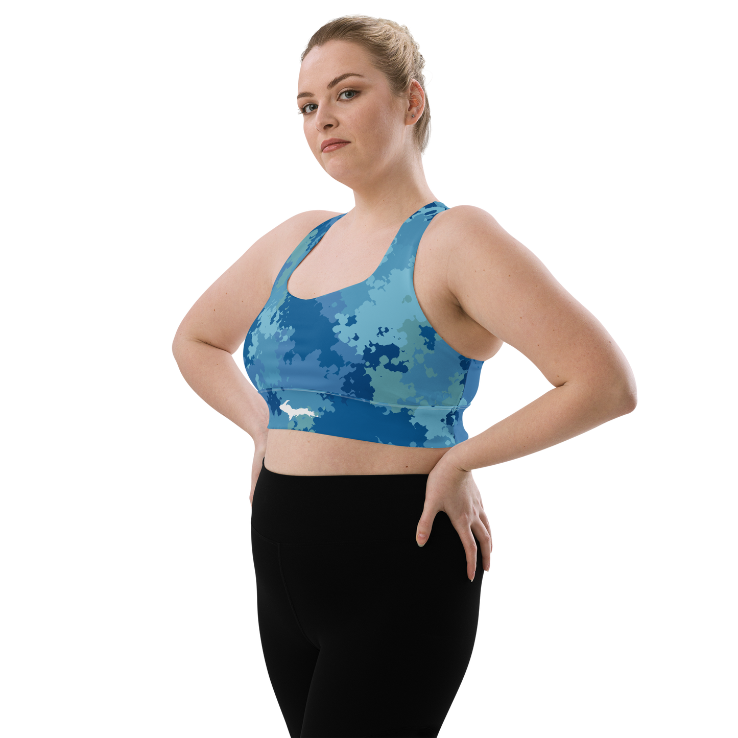 Michigan Upper Peninsula Longline Sports Bra (w/ UP Outline) | Great Lakes Camo