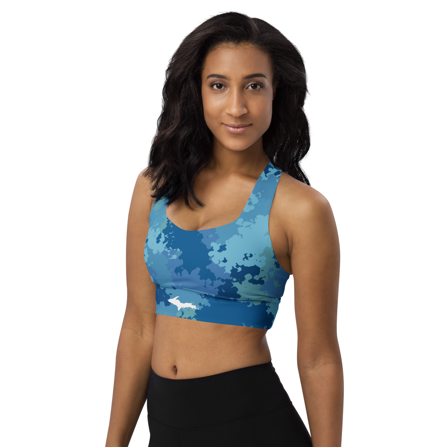 Michigan Upper Peninsula Longline Sports Bra (w/ UP Outline) | Great Lakes Camo