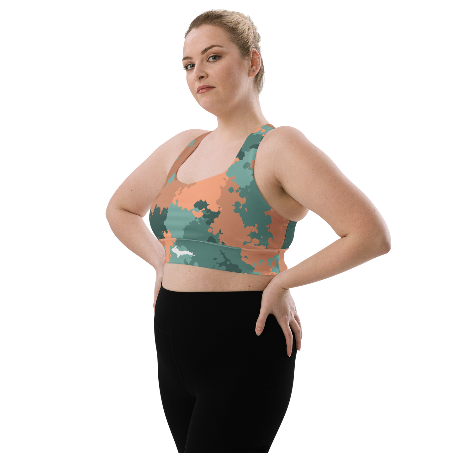 Michigan Upper Peninsula Longline Sports Bra (w/ UP Outline) | Copper County Camo