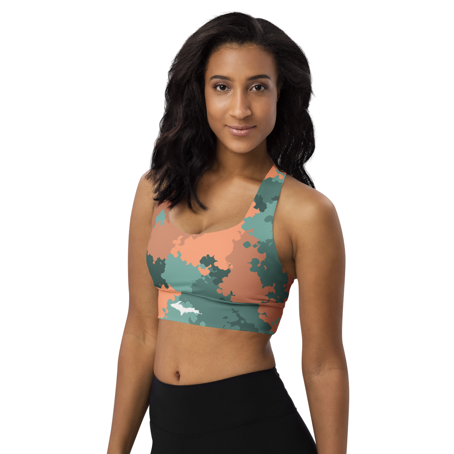 Michigan Upper Peninsula Longline Sports Bra (w/ UP Outline) | Copper County Camo