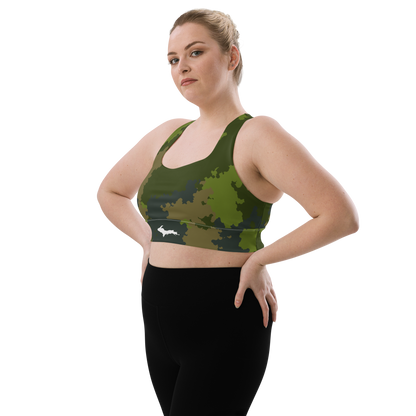 Michigan Upper Peninsula Longline Sports Bra (w/ UP Outline) | Woodland Camo