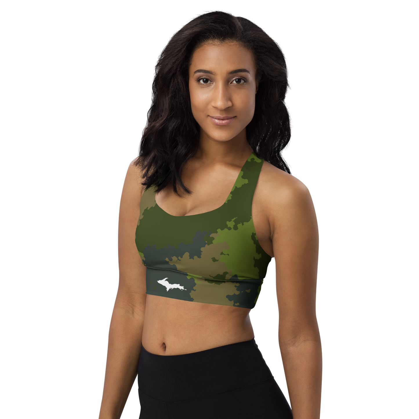 Michigan Upper Peninsula Longline Sports Bra (w/ UP Outline) | Woodland Camo