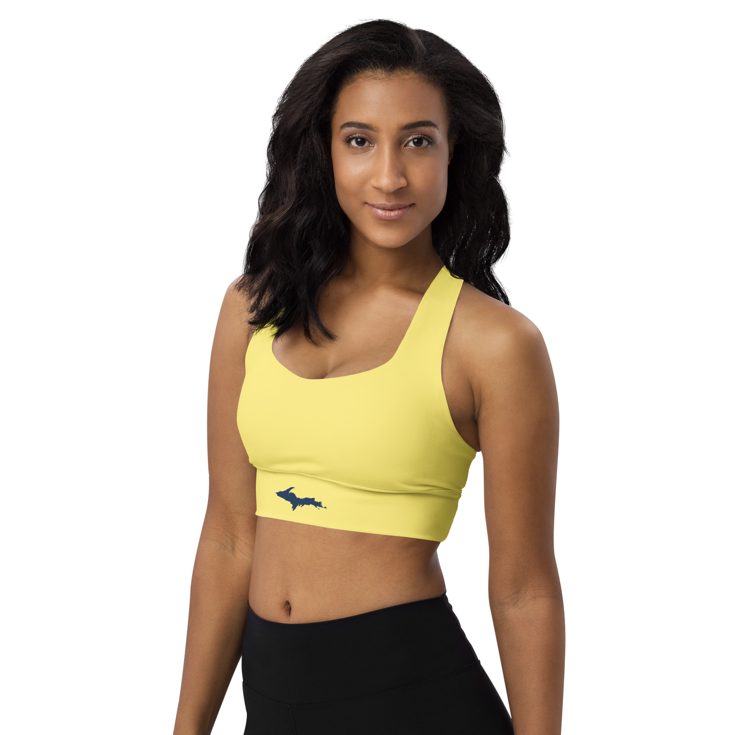 Michigan Upper Peninsula Longline Sports Bra (w/ UP Outline) | Cherry Yellow