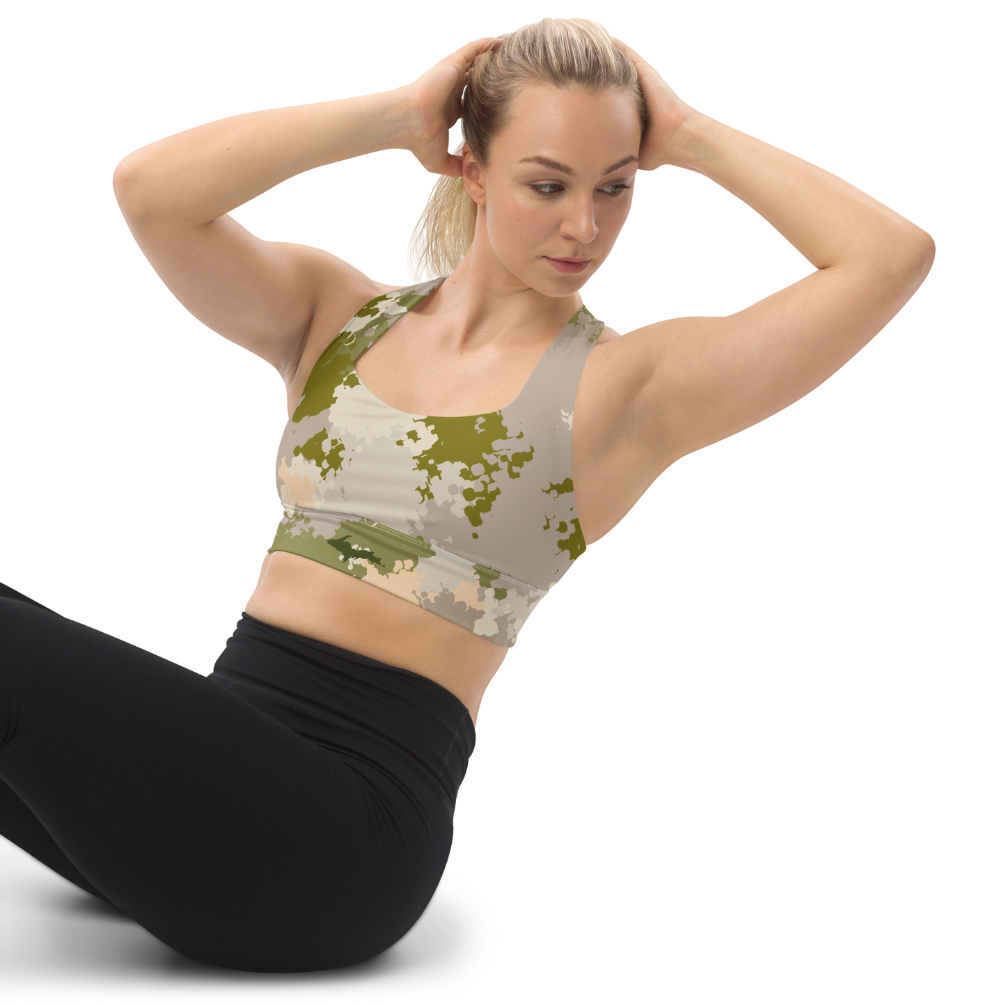 Michigan Upper Peninsula Longline Sports Bra (w/ UP Outline) | Rosy Mound Camo