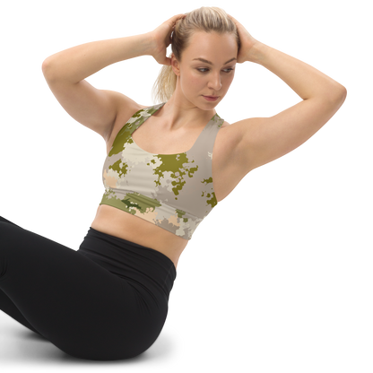 Michigan Upper Peninsula Longline Sports Bra (w/ UP Outline) | Rosy Mound Camo