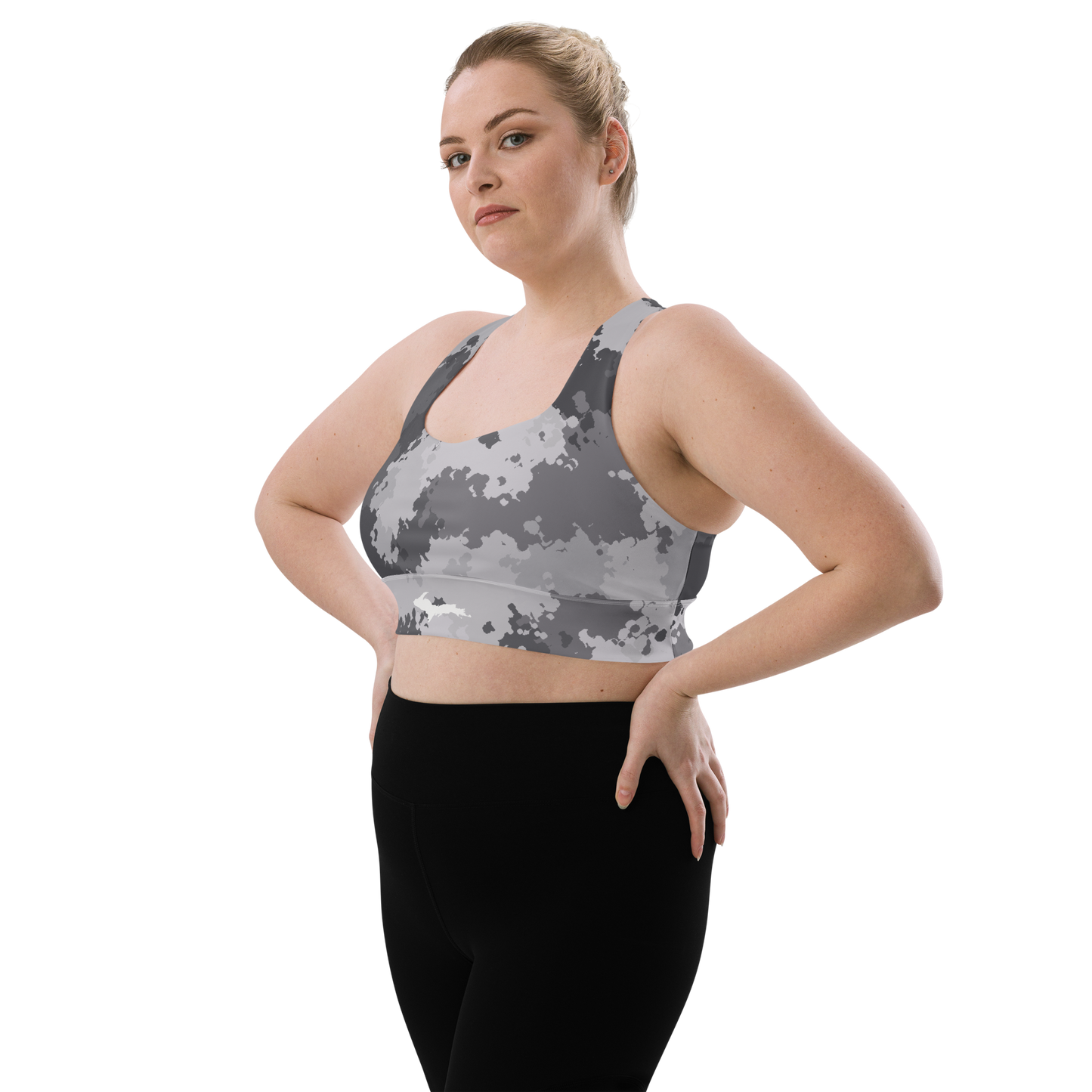 Michigan Upper Peninsula Longline Sports Bra (w/ UP Outline) | Iron Ore Grey