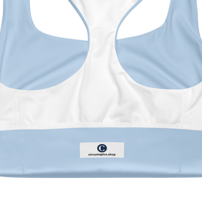 Michigan Upper Peninsula Longline Sports Bra (w/ UP USA Flag) | Light Blue