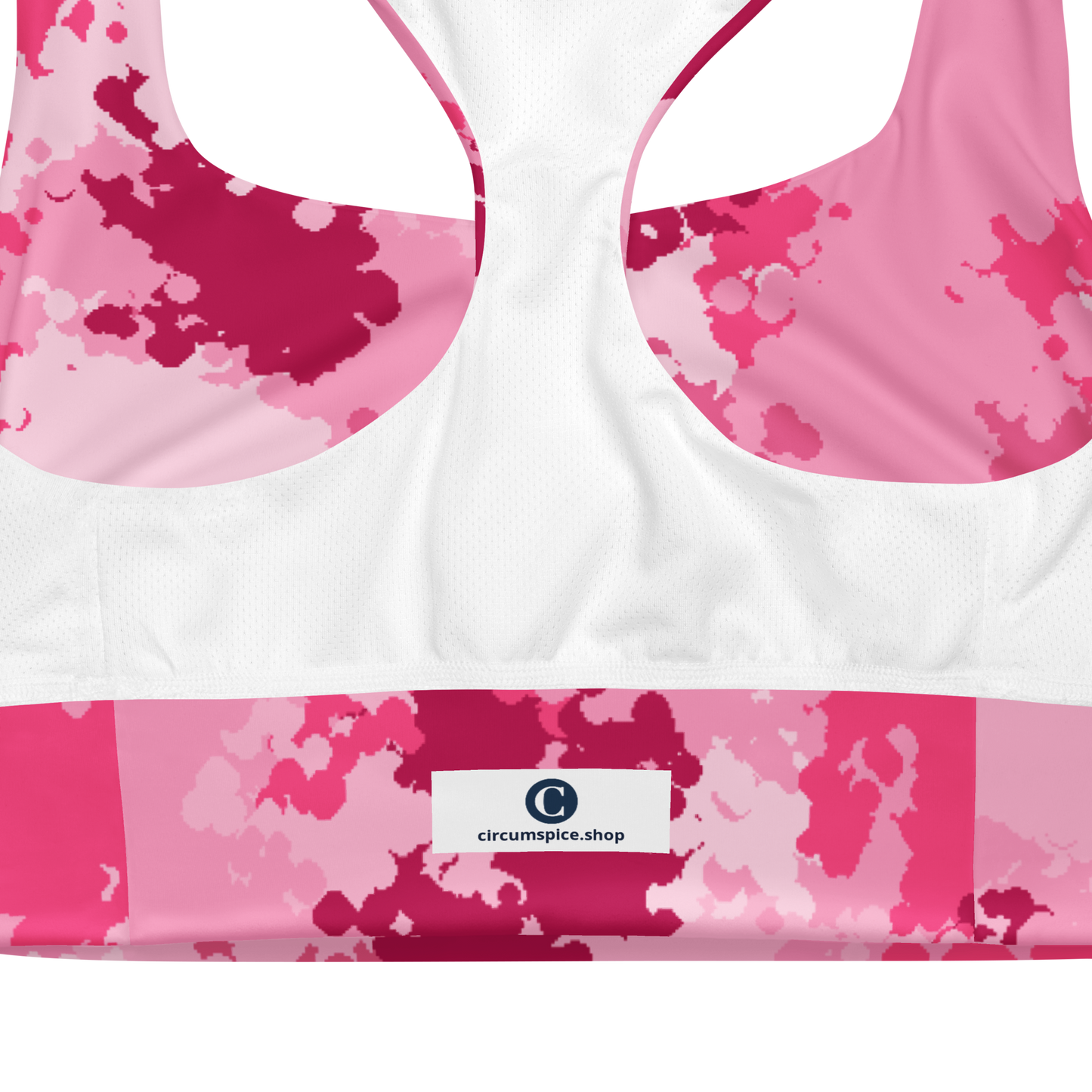 Michigan Upper Peninsula Longline Sports Bra (w/ UP USA Flag) | Pink Camo