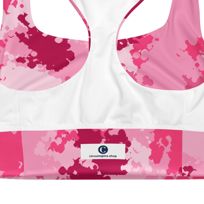 Michigan Upper Peninsula Longline Sports Bra (w/ UP USA Flag) | Pink Camo