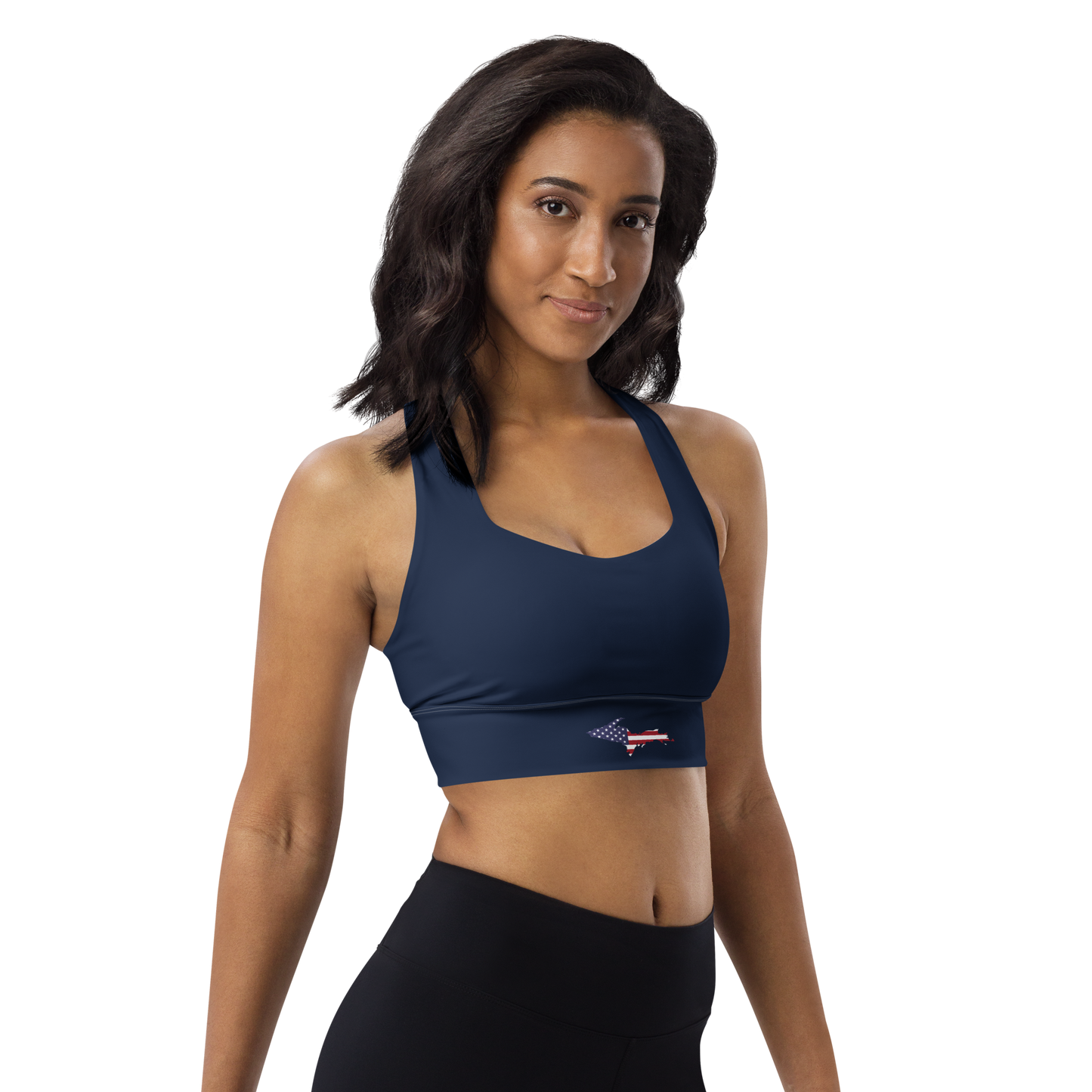 Michigan Upper Peninsula Longline Sports Bra (w/ UP USA Flag Outline) | Navy